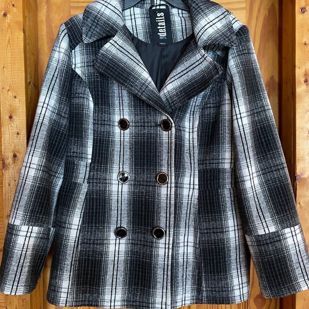 Vtg Y2K INTL D.E.T.A.I.L.S. Peacoat Jacket Removable Hood Black White Women's L